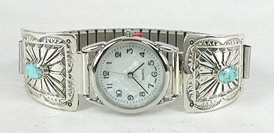 Authentic Native American stamped sterling silver watch tips with turquoise by Navajo June Delgarito