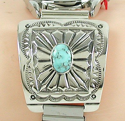 Authentic Native American stamped sterling silver watch tips with turquoise by Navajo June Delgarito