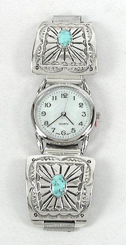 Authentic Native American stamped sterling silver watch tips with turquoise by Navajo June Delgarito