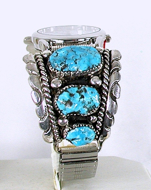 Authentic Native American Zuni Kingman Turquoise and sterling silver Watch Tips by Robert and Bernice Leekya