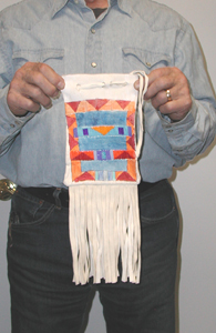 Authentic Native American Indian white buckskin beaded and painted medicine bag by Lakota artisan Travis Harden