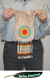 Authentic Native American Indian buckskin beaded medicine bag with two beaded medallions by artisans at Lakota Visions
