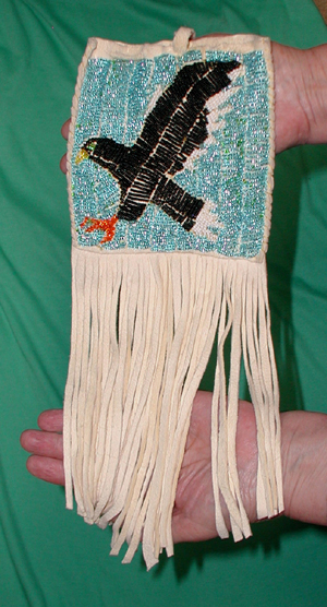 Authentic Native American Indian Buckskin bag with beaded eagle by Lakota artisan Rose Little Thunder