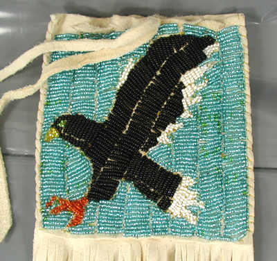 Authentic Native American Indian Buckskin bag with beaded eagle by Lakota artisan Rose Little Thunder