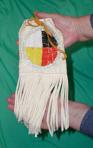 Authentic Native American Indian Buckskin bag with beaded medicine wheel by Lakota artisan Rose Little Thunder