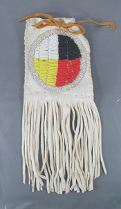 Authentic Native American Indian Buckskin bag with beaded medicine wheel by Lakota artisan Rose Little Thunder