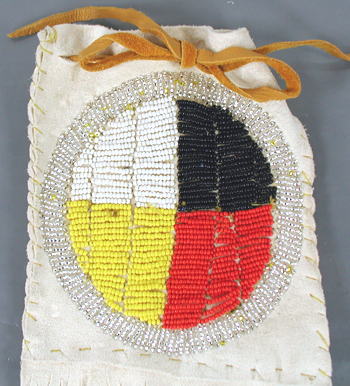Authentic Native American Indian Buckskin bag with beaded medicine wheel by Lakota artisan Rose Little Thunder
