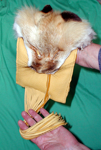 Authentic Native American Indian fringed buckskin medicine bag with Fox head by Lakota artisan Anita Brown