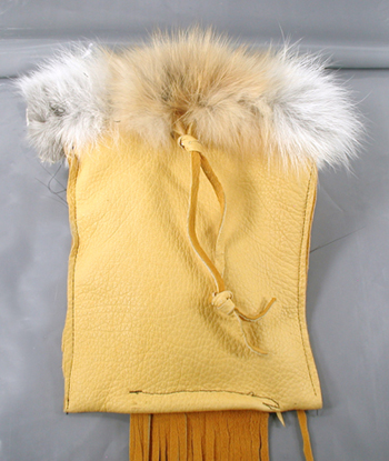 Authentic Native American Indian fringed buckskin medicine bag with Fox head by Lakota artisan Anita Brown
