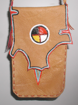 Authentic Native American Indian medicine bag with painted four colors medicine wheel and trim by Oglala Lakota artisan 
