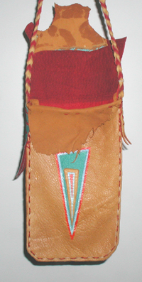 Authentic Native American Indian medicine bag with painted four colors medicine wheel and trim by Oglala Lakota artisan 