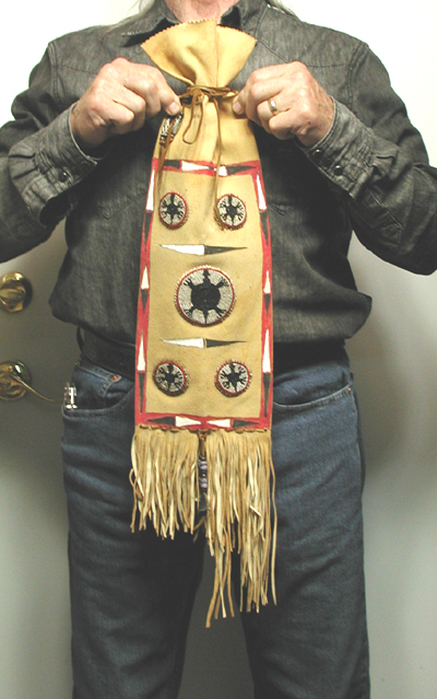 Authentic Native American Indian fringed pipe bag with beaded turtle medallions by Apache artisan Carl Pierce