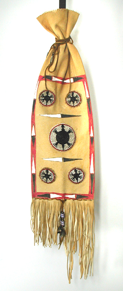 Authentic Native American Indian fringed pipe bag with beaded turtle medallions by Apache artisan Carl Pierce
