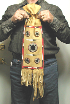 Authentic Native American Indian fringed pipe bag with beaded turtle medallions by Apache artisan Carl Pierce