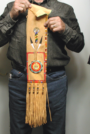 Authentic Native American Indian fringed pipe bag with beaded mirror medallion by Lakota artisan Belle Star Boy