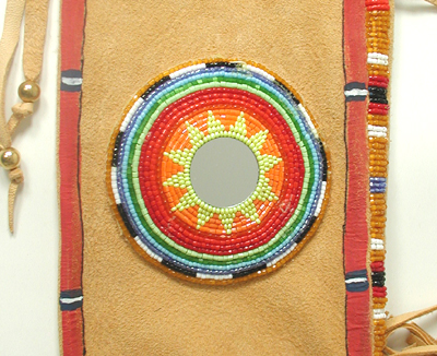 Authentic Native American Indian fringed pipe bag with beaded mirror medallion by Lakota artisan Belle Star Boy
