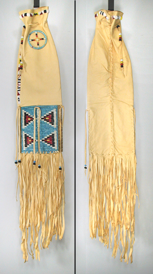 Authentic Native American Indian fringed pipe bag with quill panel and medicine wheel by Lakota artisan Tiny Pourier