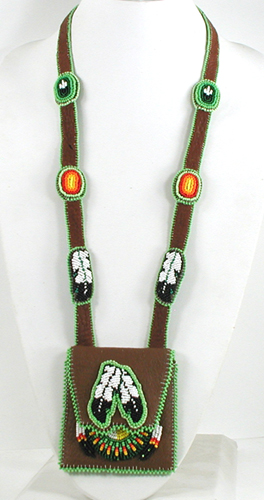 Authentic Native American handmade buckskin Neck Bag with beaded feathers and four colors medicine wheel by Navajo artisan Shannon Fast Horse 