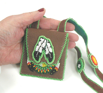 Authentic Native American handmade buckskin Neck Bag with beaded feathers and four colors medicine wheel by Navajo artisan Shannon Fast Horse 