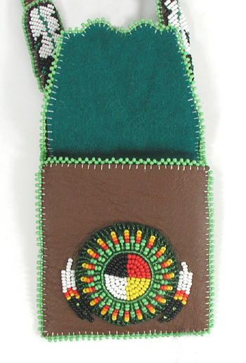 Authentic Native American handmade buckskin Neck Bag with beaded feathers and four colors medicine wheel by Navajo artisan Shannon Fast Horse 