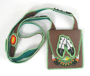 Authentic Native American handmade buckskin Neck Bag with beaded feathers and four colors medicine wheel by Navajo artisan Shannon Fast Horse 