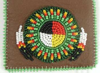 Authentic Native American handmade buckskin Neck Bag with beaded feathers and four colors medicine wheel by Navajo artisan Shannon Fast Horse 