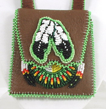 Authentic Native American handmade buckskin Neck Bag with beaded feathers and four colors medicine wheel by Navajo artisan Shannon Fast Horse 