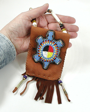Authentic Native American handmade buckskin Neck Bag with beaded  Turtle medicine wheel by Lakota artisan Shannon Fast Horse 