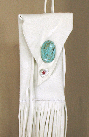 Authentic Native American handmade white leather Fringed Neck Bag by Lakota Visions
