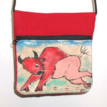 Authentic Native American handmade canvas and wool felt zipper bag with painted bison by Lakota artisan through Native West Trading Post