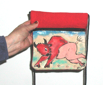 Authentic Native American handmade canvas and wool felt zipper bag with painted bison by Lakota artisan through Native West Trading Post