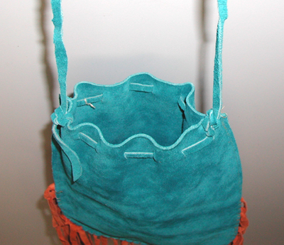 Authentic Native American fringed turquoise leather Possible Bag by Lakota artisan Anita Brown