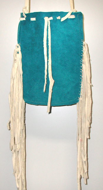 Authentic Native American fringed turquoise leather Possible Bag by Lakota artisan Anita Brown