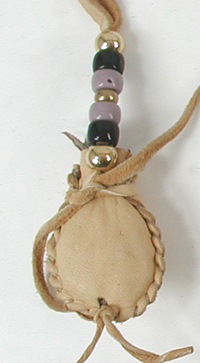 Authentic Native American tan Buckskin Sage Bag with glass and brass beads by Lakota artisan Alan Monroe