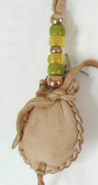 Authentic Native American tan Buckskin Sage Bag with glass and brass beads by Lakota artisan Alan Monroe
