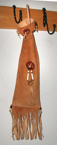 Authentic Native American traditional plains Indian tobacco pouch with sacred catlinite pipestone disc by Lakota artist Alan Monroe