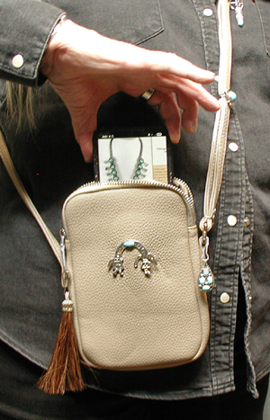 pink PU leather crossbody phone bag with sterling silver knifewing and ebellishments