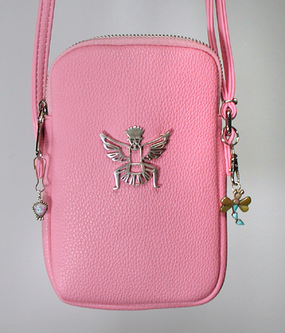 pink PU leather crossbody phone bag with sterling silver knifewing and ebellishments