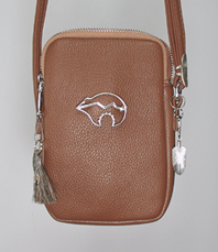 brown PU leather crossbody phone bag with sterling silver medicine bear and ebellishments and tassel zipper pull