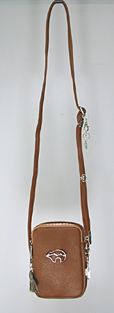 brown PU leather crossbody phone bag with sterling silver medicine bear and ebellishments and tassel zipper pull  