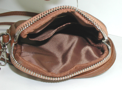 brown PU leather crossbody phone bag with sterling silver medicine bear and ebellishments and tassel zipper pull