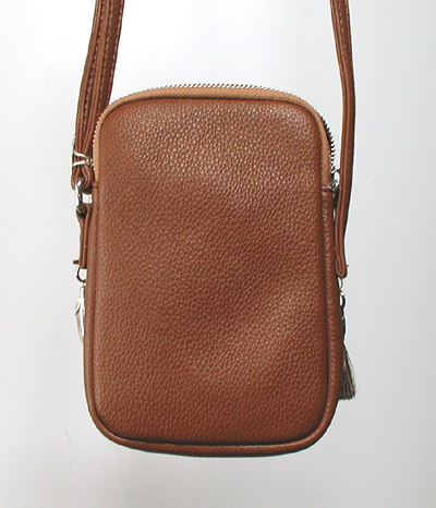 brown PU leather crossbody phone bag with sterling silver medicine bear and ebellishments and tassel zipper pull