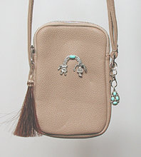 tan PU leather crossbody phone bag with sterling silver Yei figure and ebellishments and tassel zipper pull