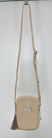 tan PU leather crossbody phone bag with sterling silver Yei and ebellishments and tassel zipper pull  