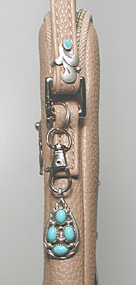 tan PU leather crossbody phone bag with sterling silver Yei and ebellishments and tassel zipper pull
