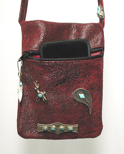 red Italian leather crossbody phone bag with sterling silver and turquoise ebellishments
