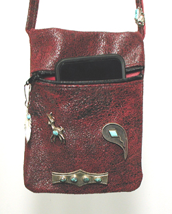 red Italian leather crossbody phone bag with sterling silver and turquoise ebellishments
