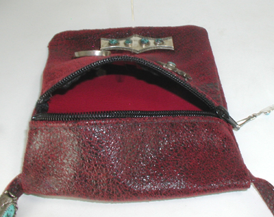 red Italian leather crossbody phone bag with sterling silver and turquoise ebellishments