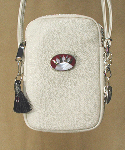 Bone PU leather crossbody phone bag with abalone inlay sunrise badge and ebellishments and tassel zipper pull