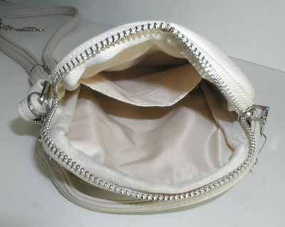 Bone PU leather crossbody phone bag with abalone inlay sunrise badge and ebellishments and tassel zipper pull